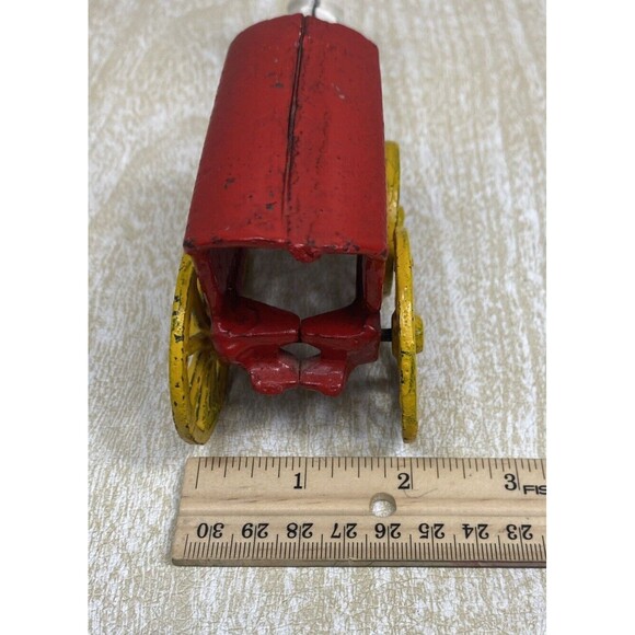 Vintage Cast Iron Horse Drawn Carriage Ice Cart Truck Wagon Toy Red White - Picture 9 of 9